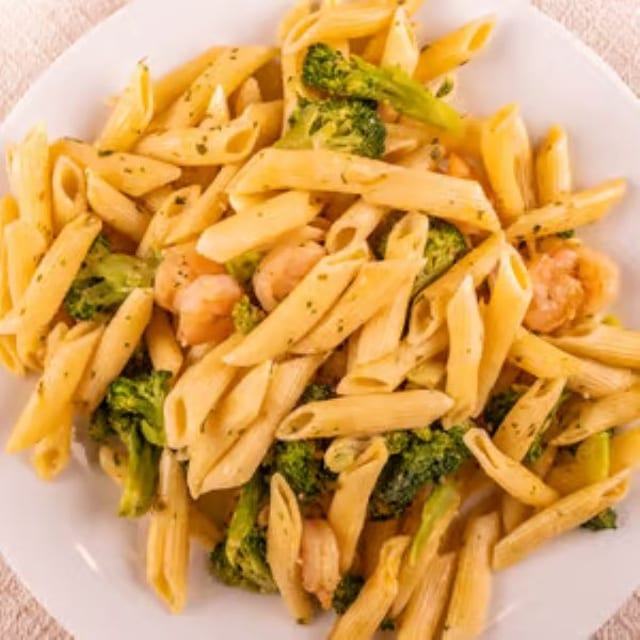Ziti Shrimp Broccoli Garlic Pasta.